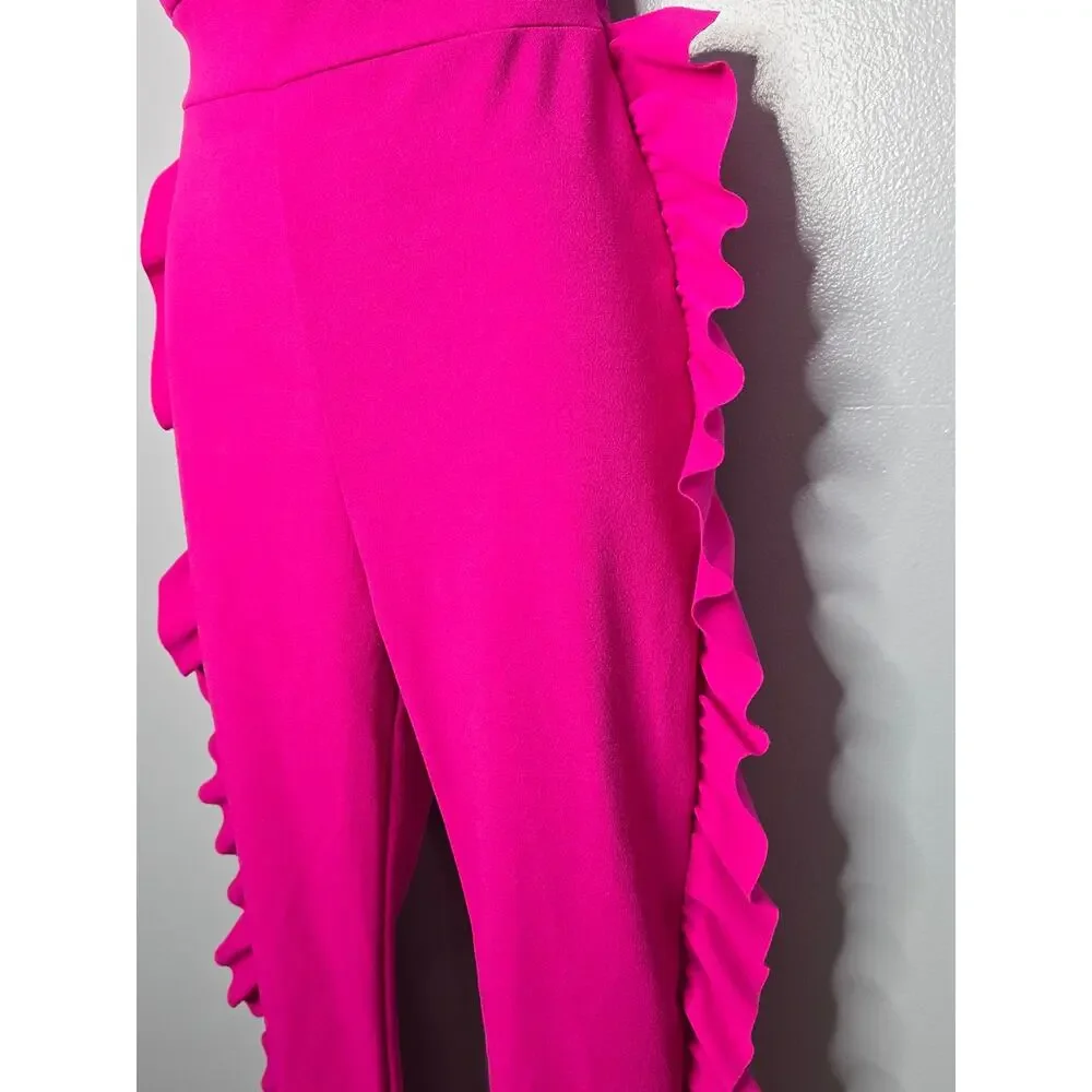 AKIRA Hot Pink Strapless Ruffled Side-Trim Jumpsuit - Picture 3 of 6